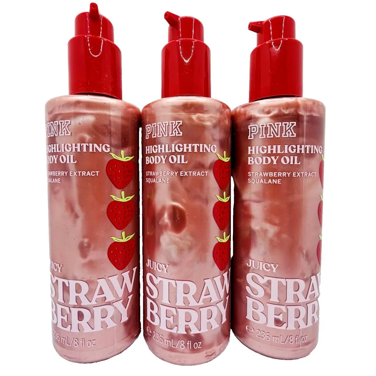 Victoria`s Secret Pink Juicy Strawberry Highlighting Body Oil 8 Oz x3 by Victoria's Secret