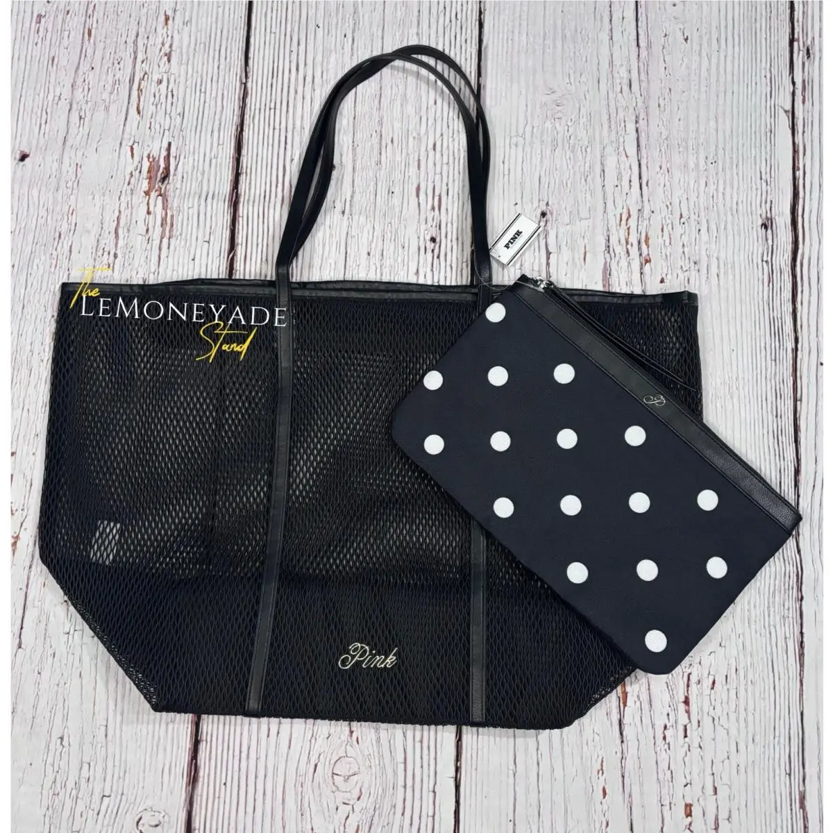 Victoria’s Secret Mesh Black Polka Dot Tote Shopper Weekender Beach Pool Bag