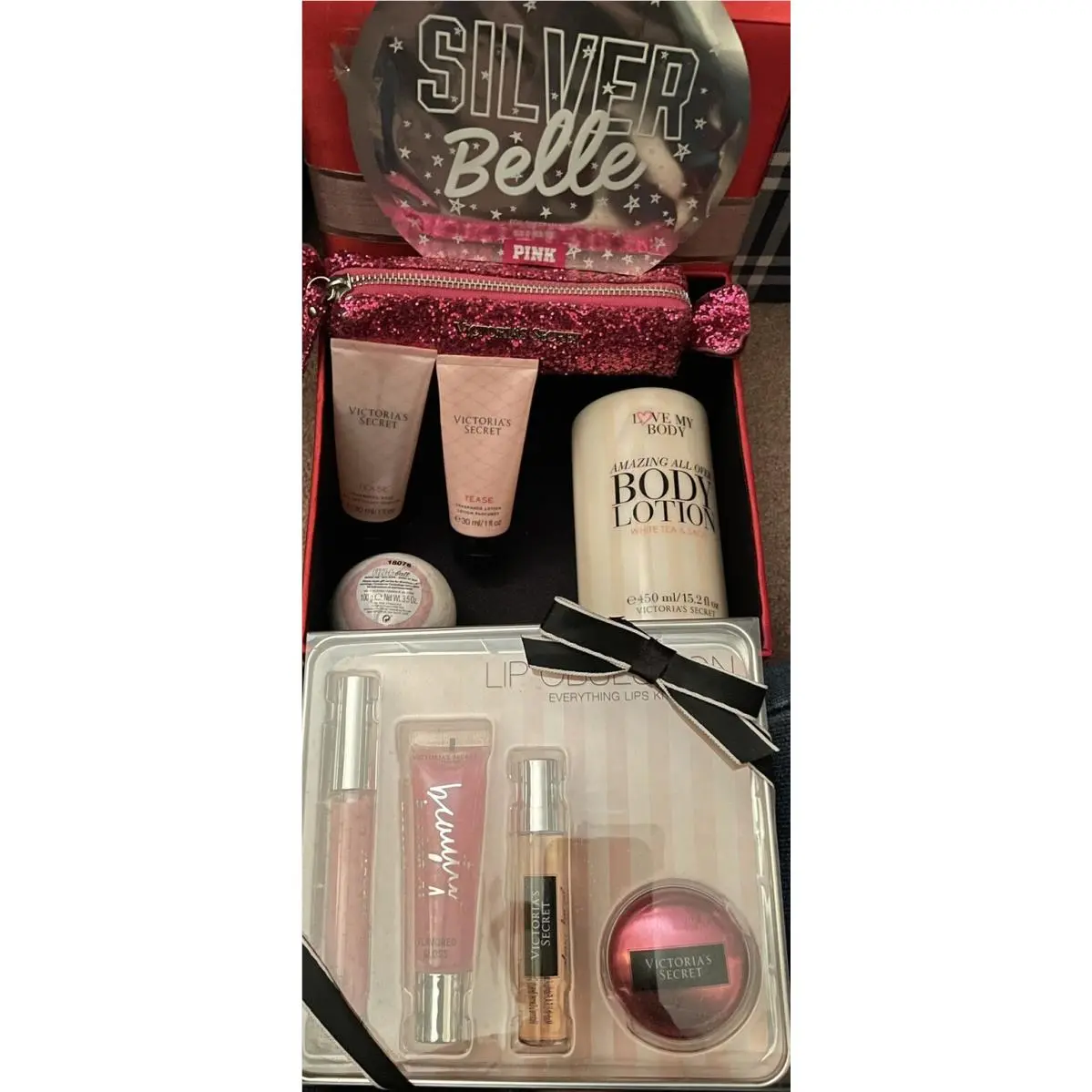 7 Pc Victoria Secret Lot Pink Tease Wash Fizzaball Lotion Lip Kit Mask Bag