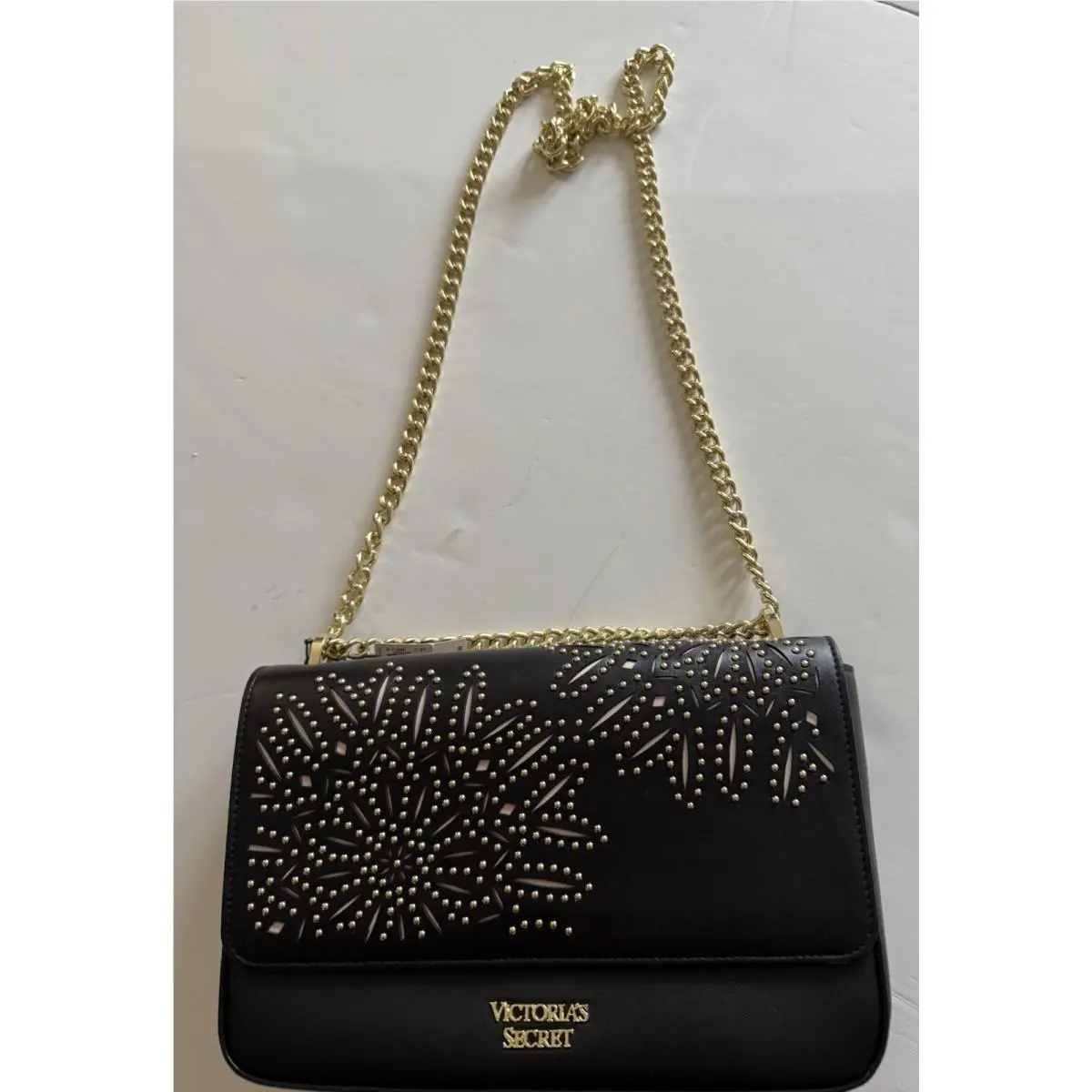 Victoria`s Secret Shoulder Bag Black Bond St Lazer Cut Gold Studs Medium