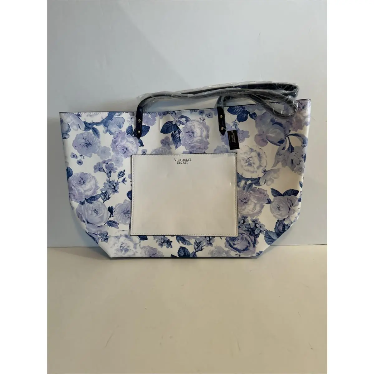 Victorias Secret Blue and Purple Flower Tote Bag Handles Snap Close 18.5 X 12”
