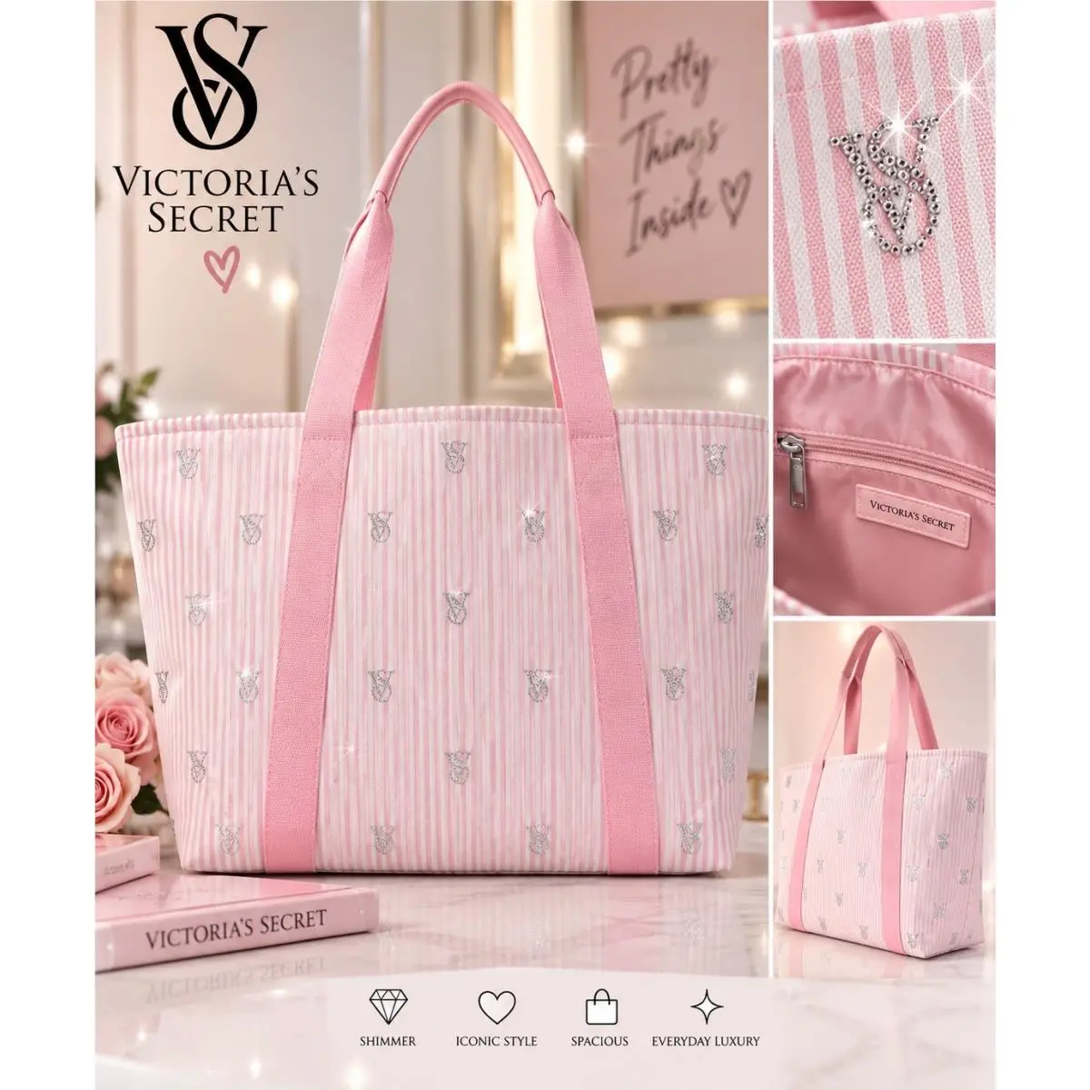 Victoria`s Secret Heritage Pink Stripe Tote Bag Rhinestone Logo