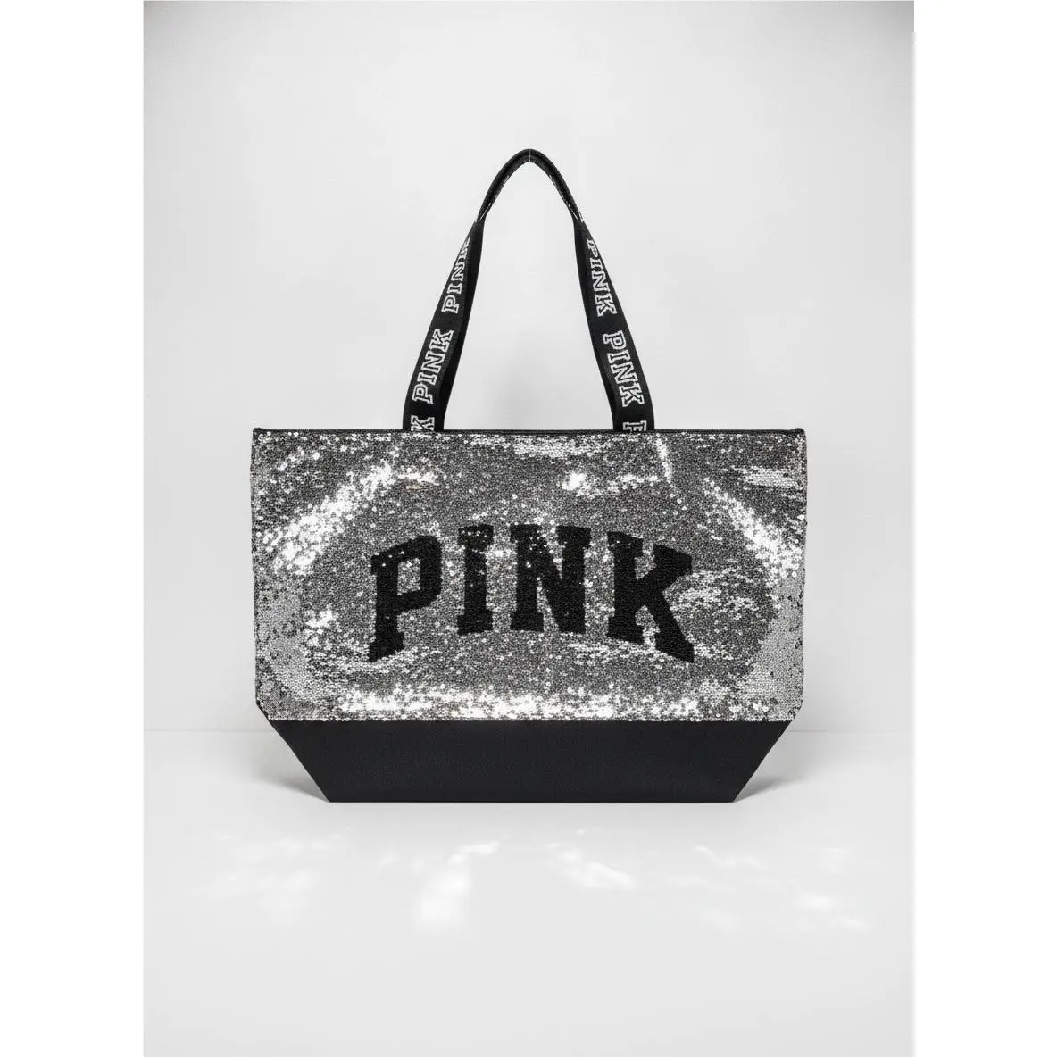 Victoria`s Secret Pink Sequin Tote Bag with Black Base and Logo Strap