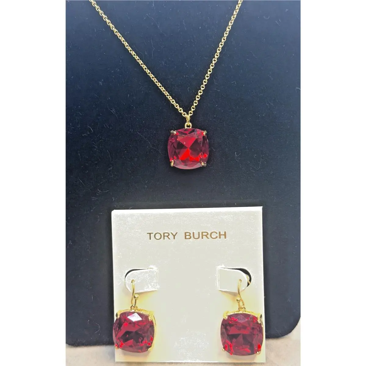 Red Crystal Earrings Necklace Set Gold Plated Over Brass TB Dustpouch by Tory Burch