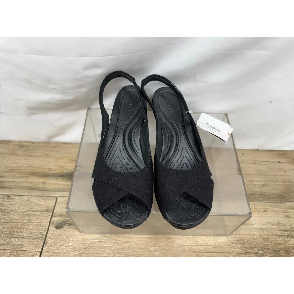 Leigh Ann Slingback Black Canvas Wedge Sandals Women W9 by Crocs