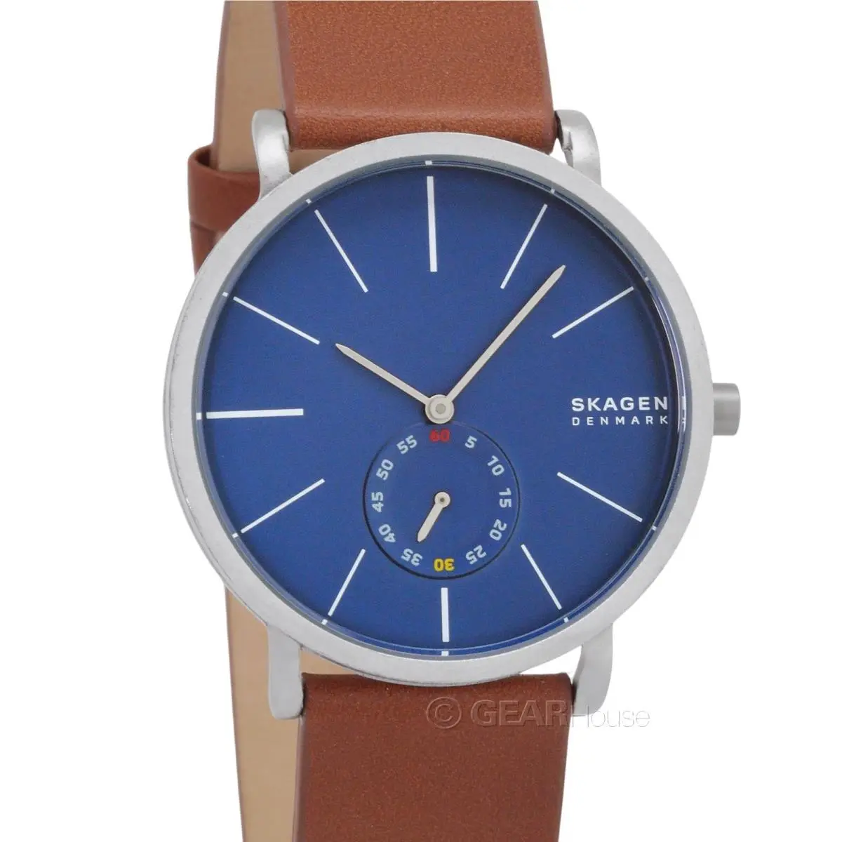 Skagen Hagen Mens Stainless Steel Casual Watch Blue Dial Brown Leather Band