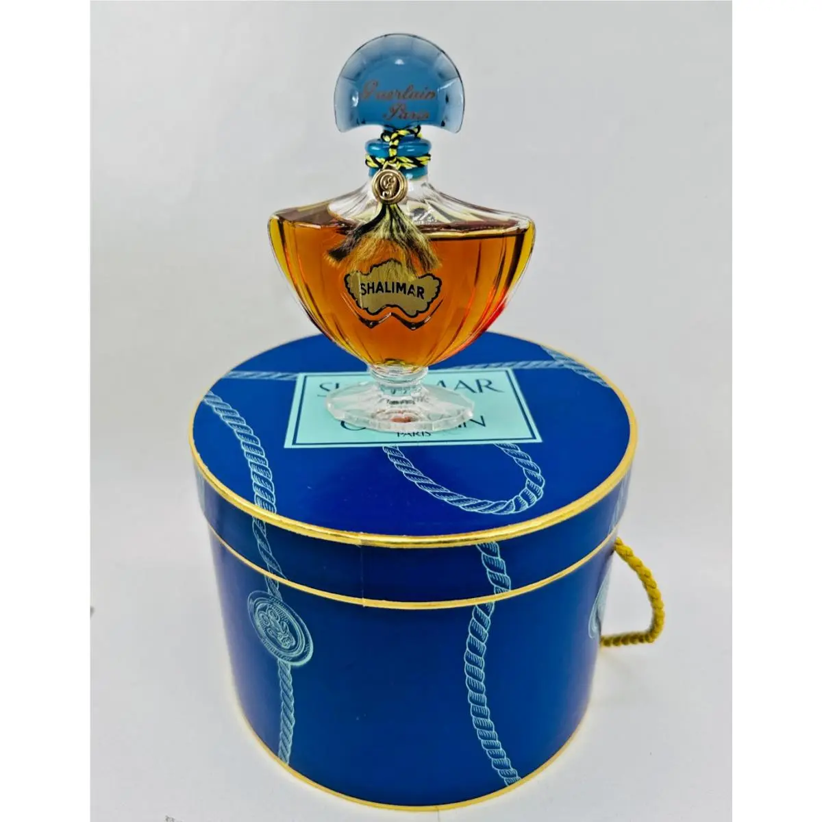 Guerlain Shalimar Perfume 1 Fl Oz Vintage Paris Hat Box Blue Fan Top Tassle