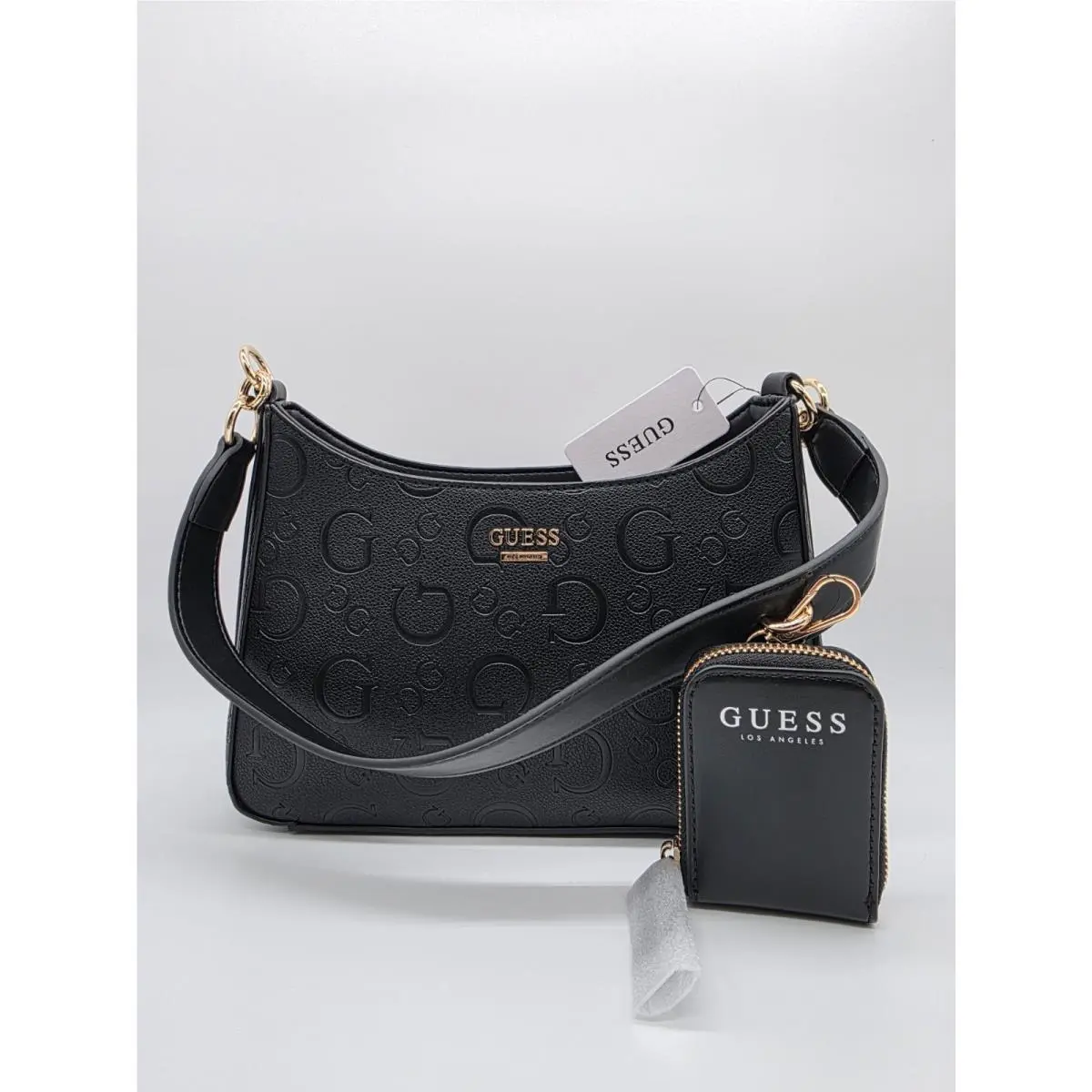 Guess Meeko Black Shoulder Bag Logo Gold Hardware Zip Coin Purse