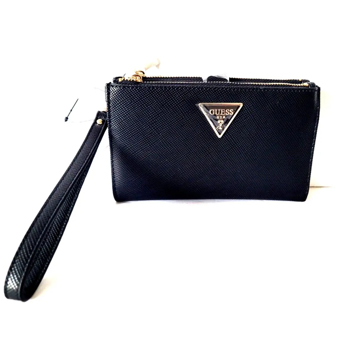 Guess Laurel Double Zip Top Organizer Leather Wristlet Wallet Black