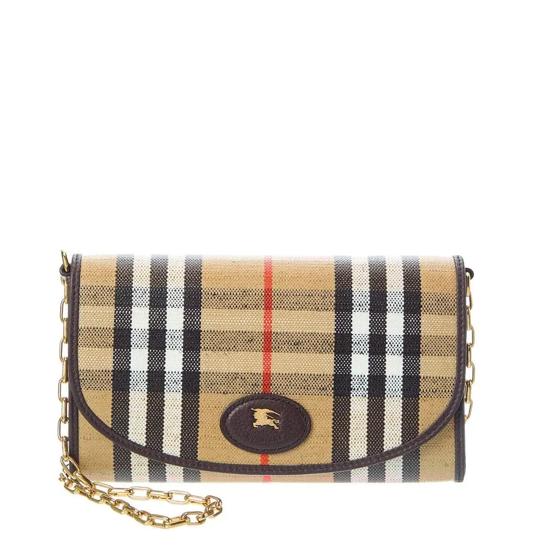 Highlands Check E-canvas Leather Wallet On Chain Women`s Brown by Burberry