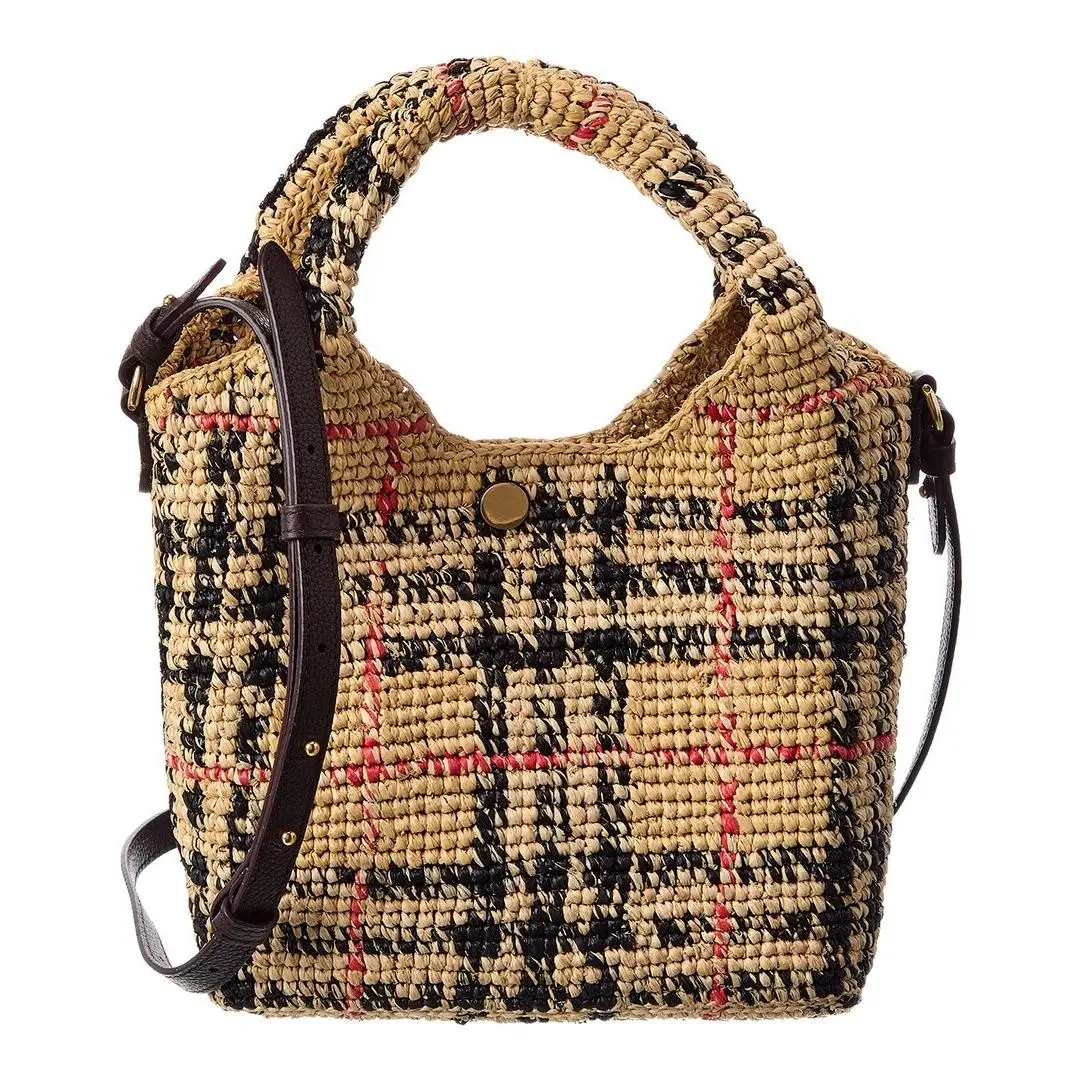 Margate Mini Check Raffia Leather Tote Women`s Brown by Burberry