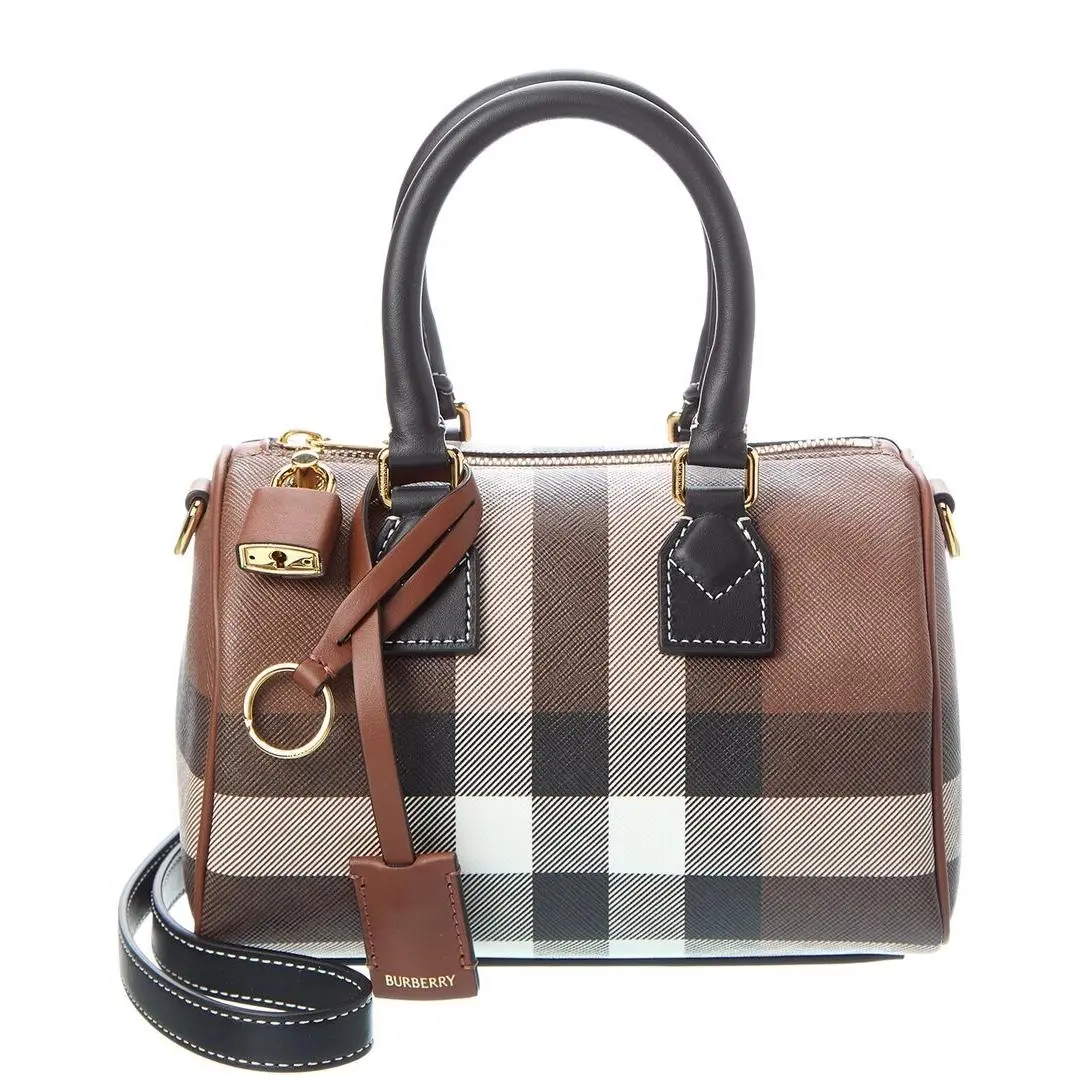 Check Mini E-canvas Leather Bowling Bag Women`s Brown by Burberry