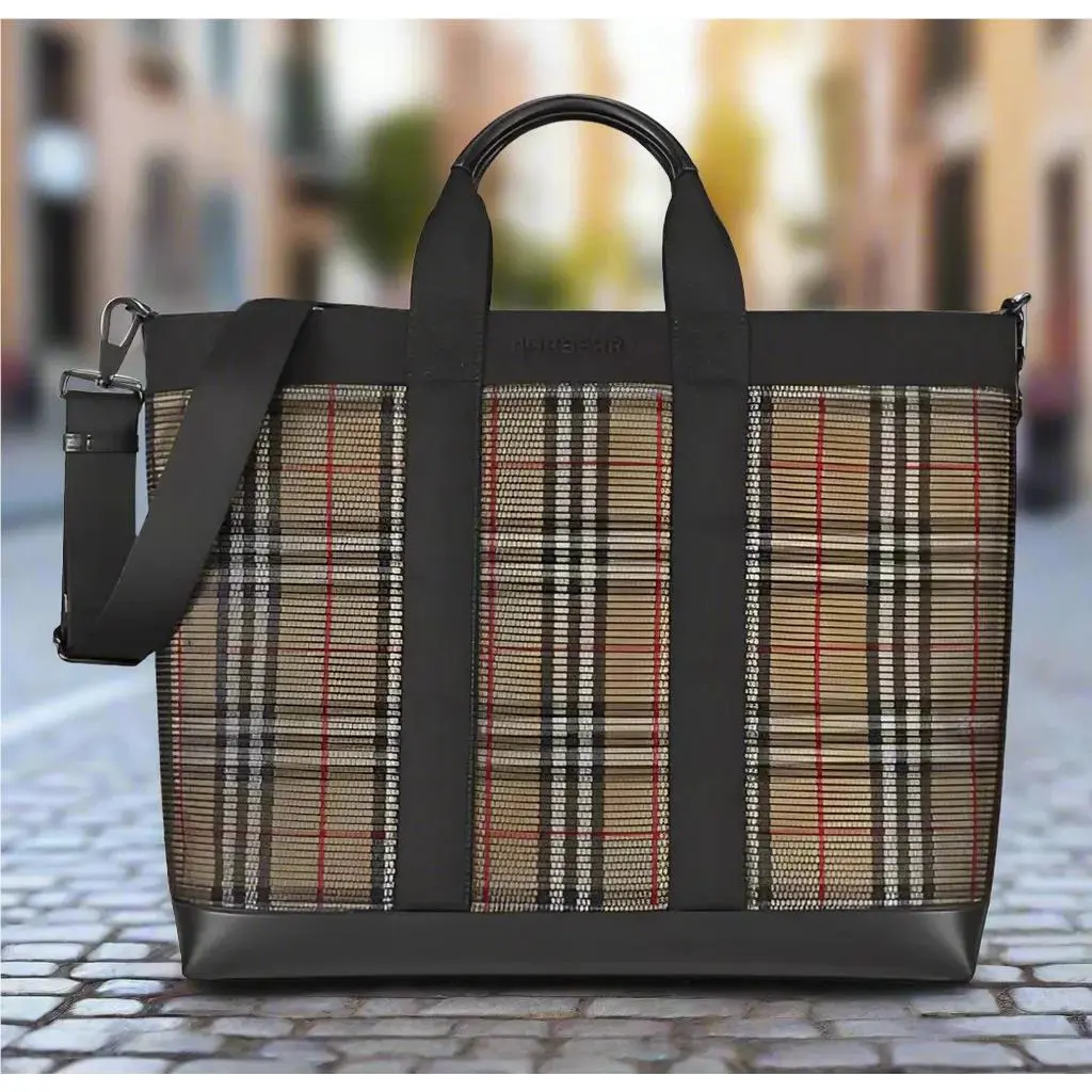 Burberry Uni Black Beige Ormond Leather Mesh Check Travel Tote Bag