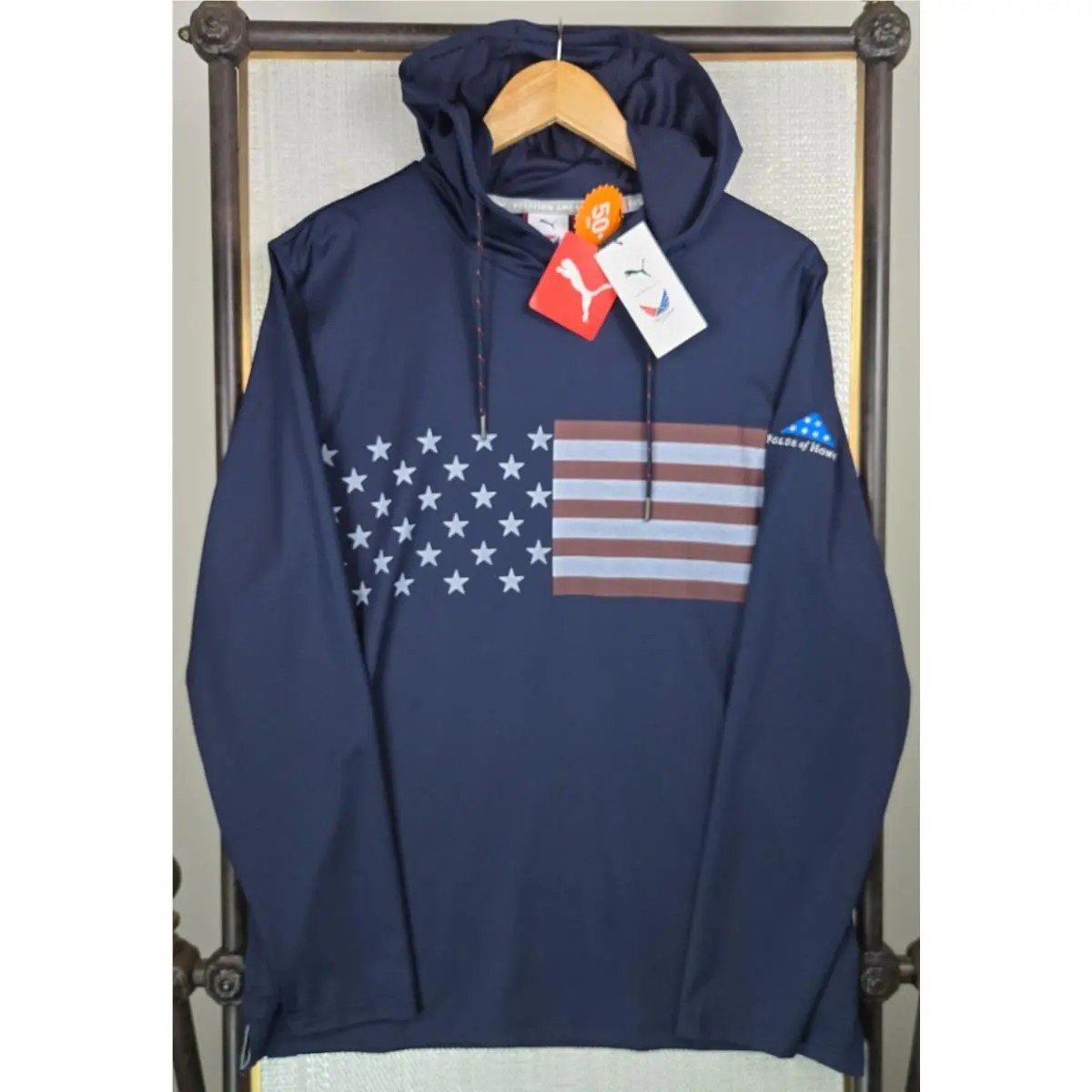 Puma clothing - wind water golf casual performance wind shirt polo long sleeve stretchy wicking chest length anorak pullover sweatshirt usa red white blue folds of honor polyester spandex hood hooded hoodie hoody - Blue 0