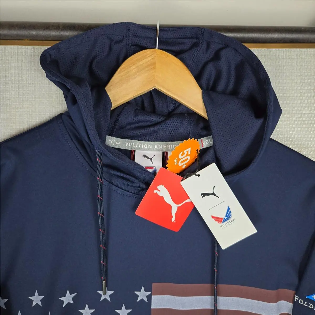 Puma clothing - wind water golf casual performance wind shirt polo long sleeve stretchy wicking chest length anorak pullover sweatshirt usa red white blue folds of honor polyester spandex hood hooded hoodie hoody - Blue 1