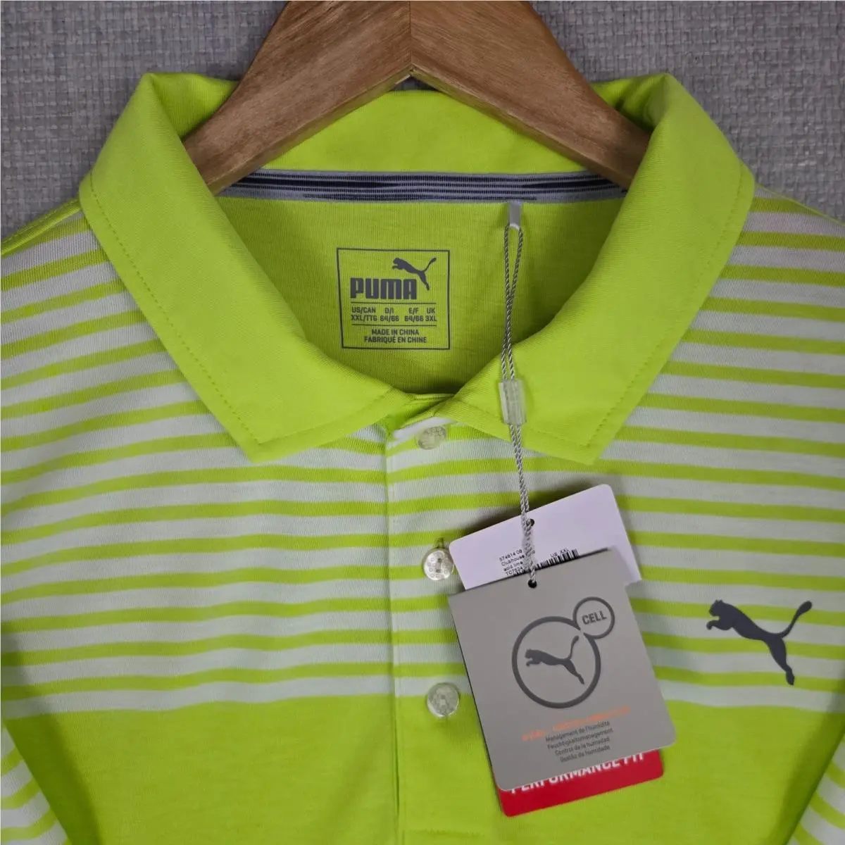 Puma clothing - short sleeve collared stretchy golf casual tennis button up front down wicking stretchy UV UPF lightweight chest length men`s size drycell dry cell bright hi viz neon green cotton polyester - Green 14