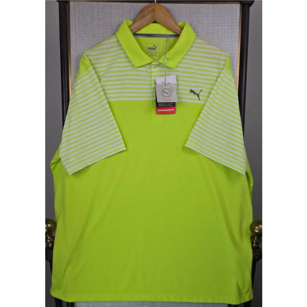 Puma clothing - short sleeve collared stretchy golf casual tennis button up front down wicking stretchy UV UPF lightweight chest length men`s size drycell dry cell bright hi viz neon green cotton polyester - Green 0