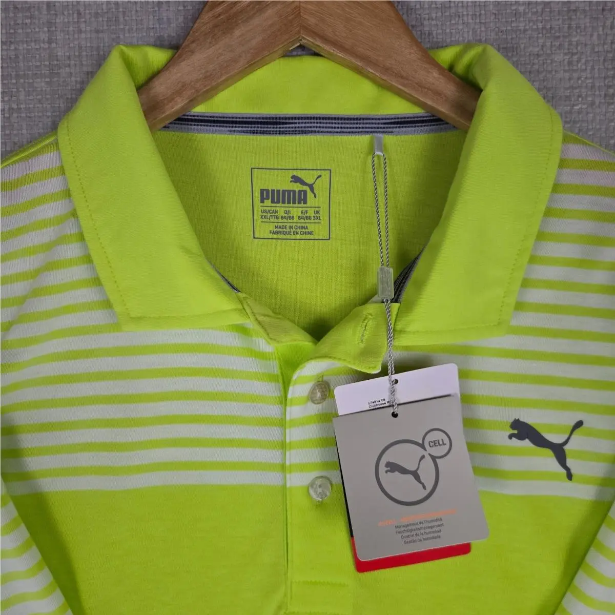 Puma clothing - short sleeve collared stretchy golf casual tennis button up front down wicking stretchy UV UPF lightweight chest length men`s size drycell dry cell bright hi viz neon green cotton polyester - Green 2
