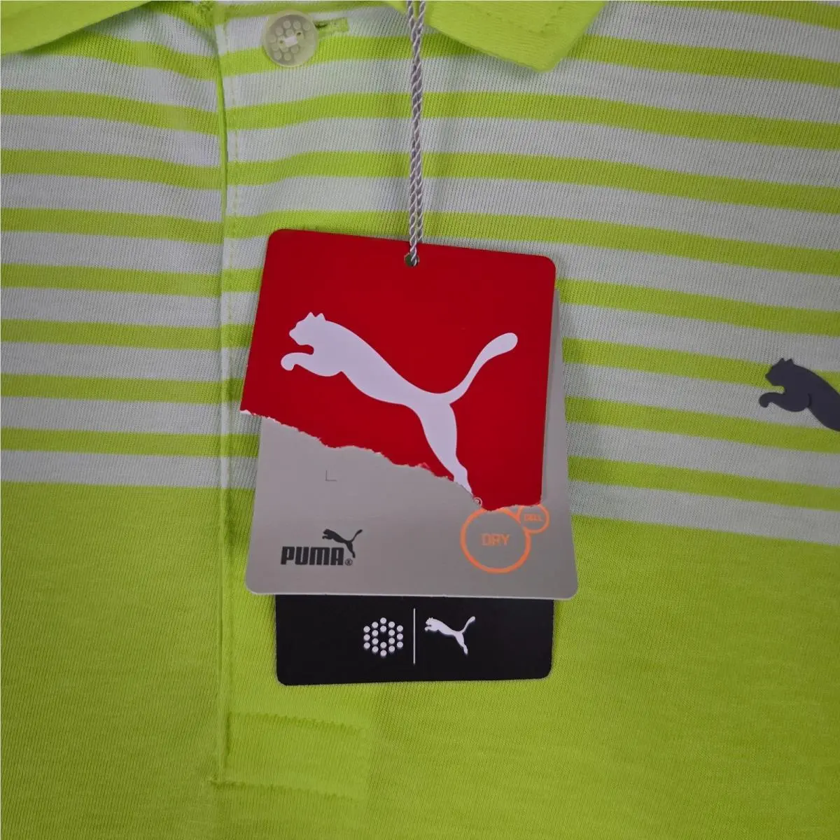 Puma clothing - short sleeve collared stretchy golf casual tennis button up front down wicking stretchy UV UPF lightweight chest length men`s size drycell dry cell bright hi viz neon green cotton polyester - Green 3