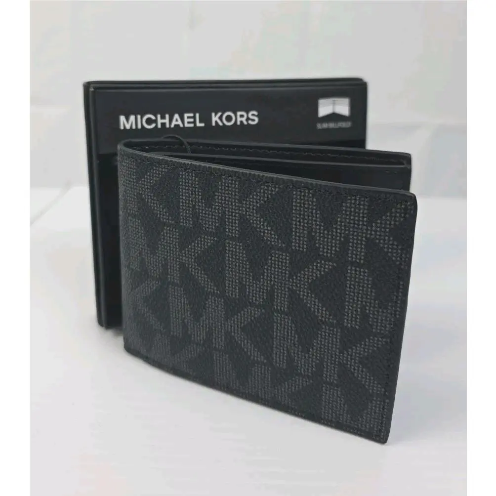 Michael Kors Men’s All Over MK Logo Print Leather Slim Billfold Wallet Black