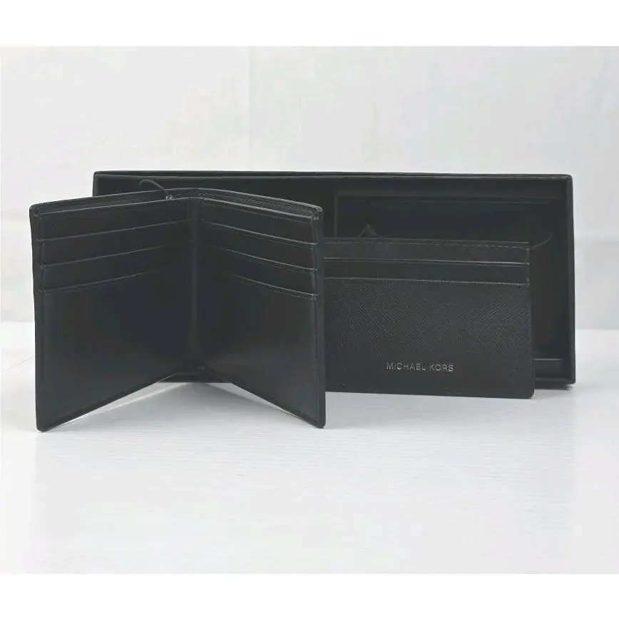Michael Kors Black Men`s Bifold Wallet Mini ID Wallet Combo Gift Set