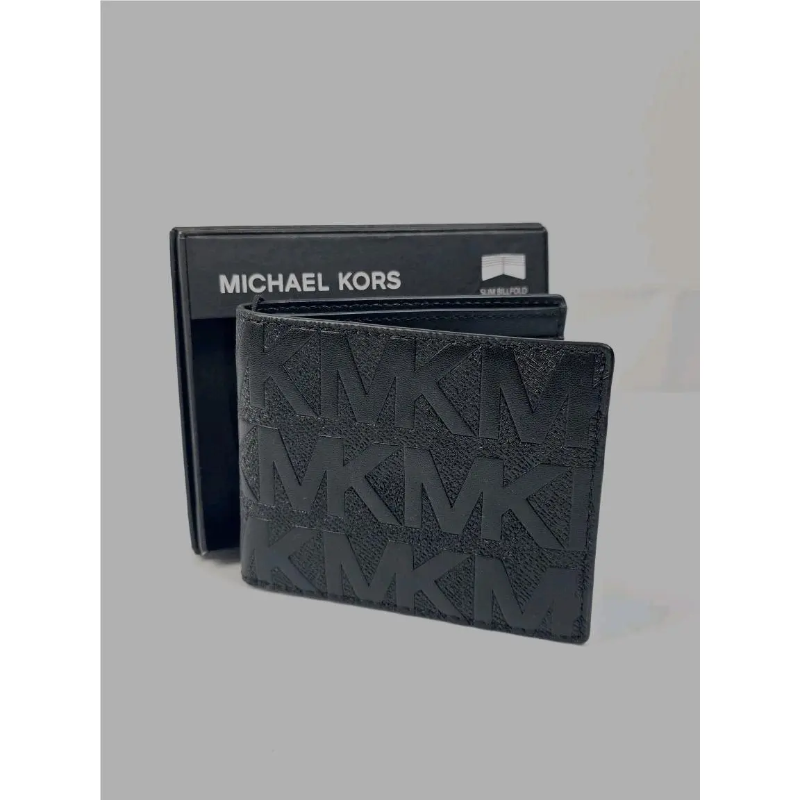 Michael Kors Men`s Slim Bifold Leather Wallet Embossed Logo Black