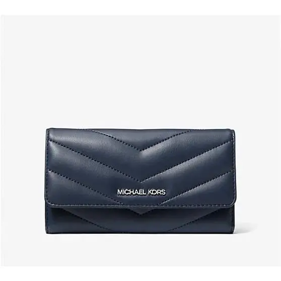 Michael Kors Women Large Trifold Credit Card Holder Wallet Navy Silver