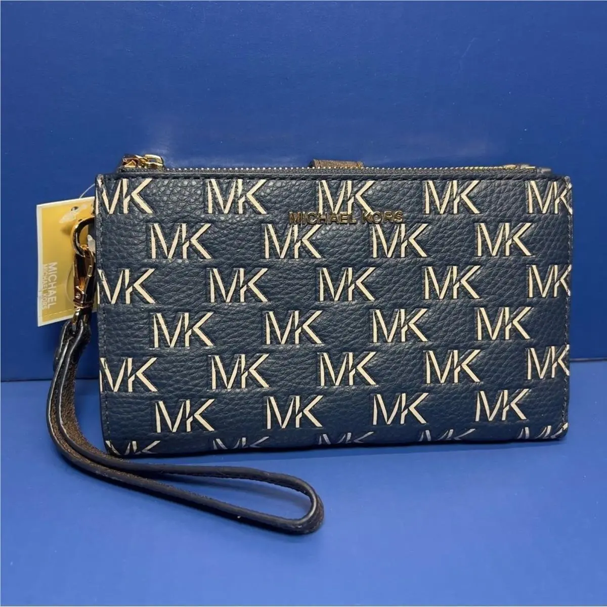 Michael Kors Jet Set Logo Double Zip Wristlet Navy Blue Wallet Clutch
