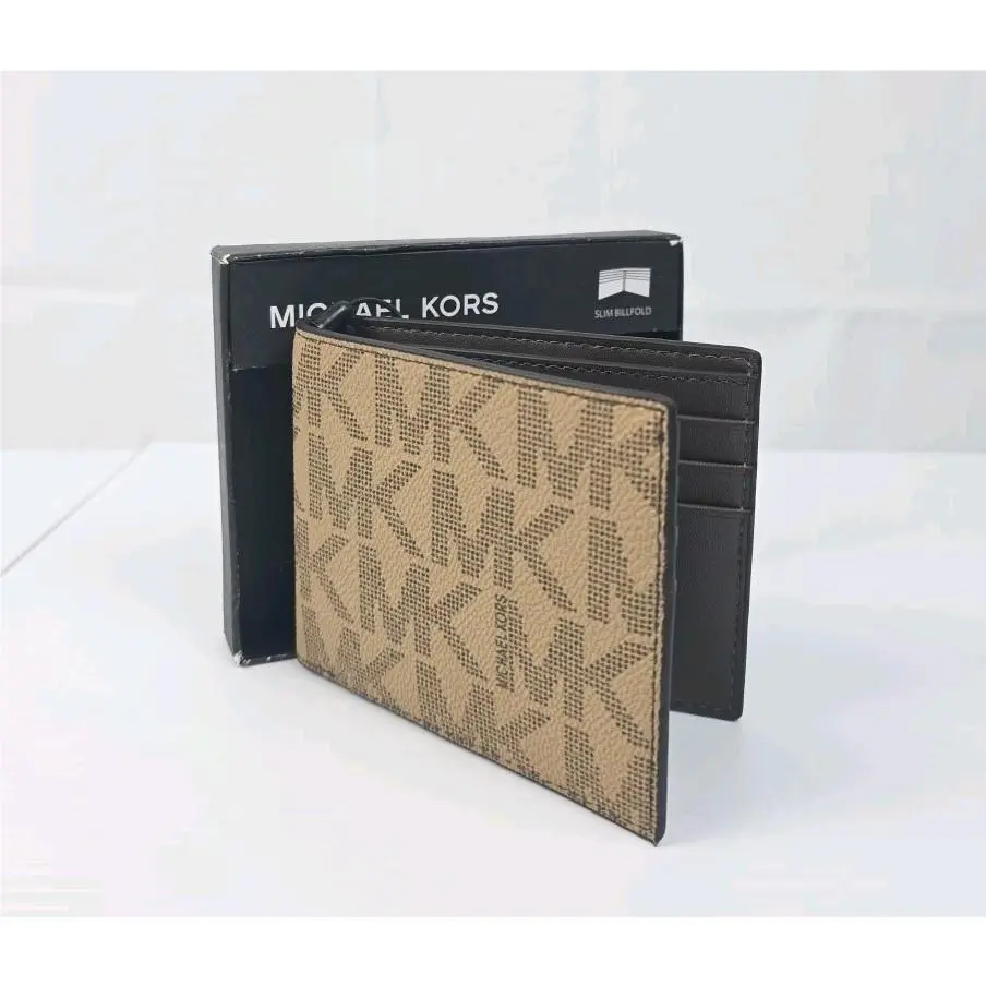 Michael Kors Leather Slim Wallet Brown Camel Printed MK Logo