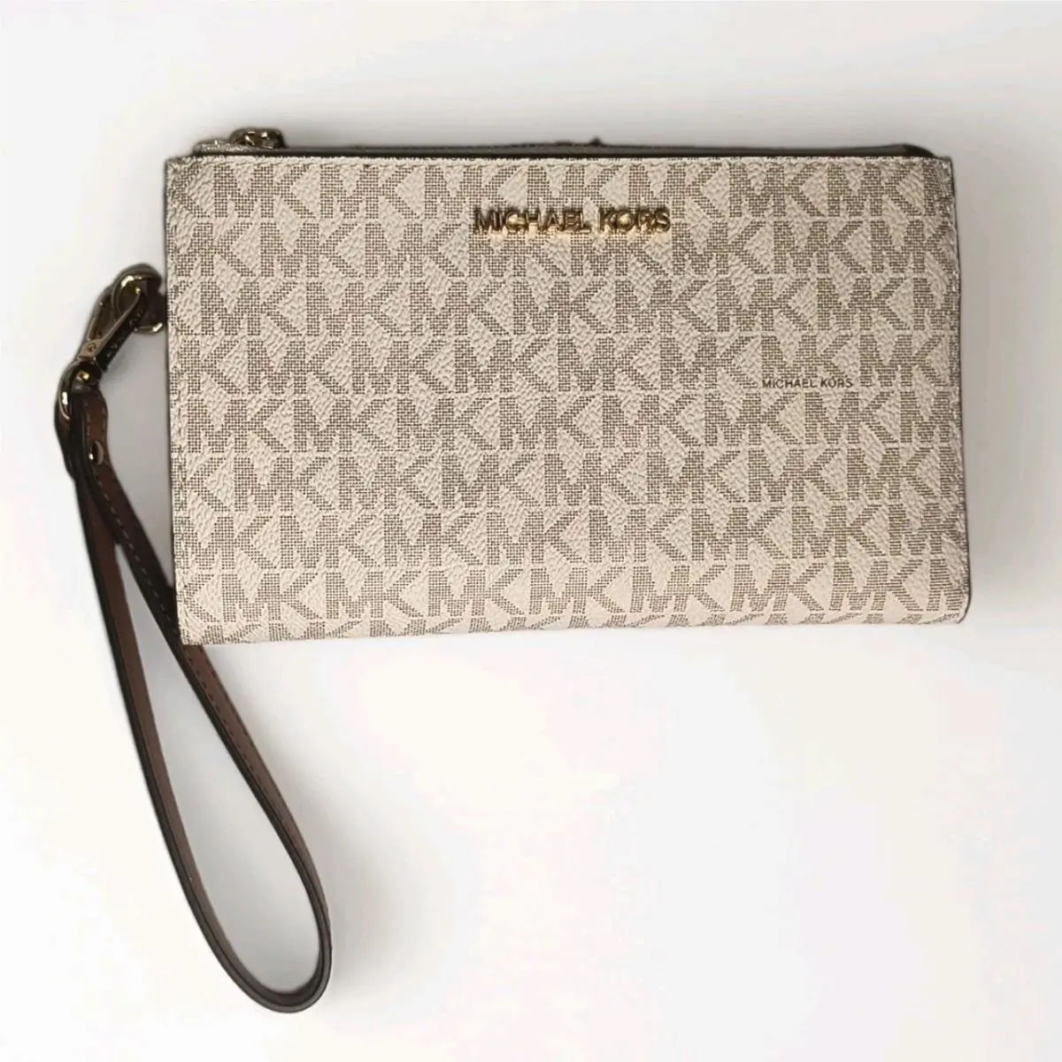 Michael Kors Jet Set Travel Double Zip Wristlet Wallet Brown Vanilla Logo