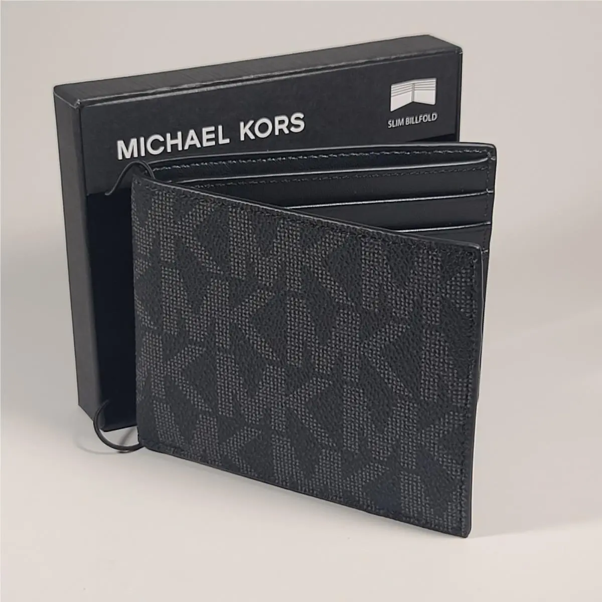 Michael Kors Men`s Jet Set Bifold Black Noir MK Canvas Slim Wallet 86F5SMNF5B