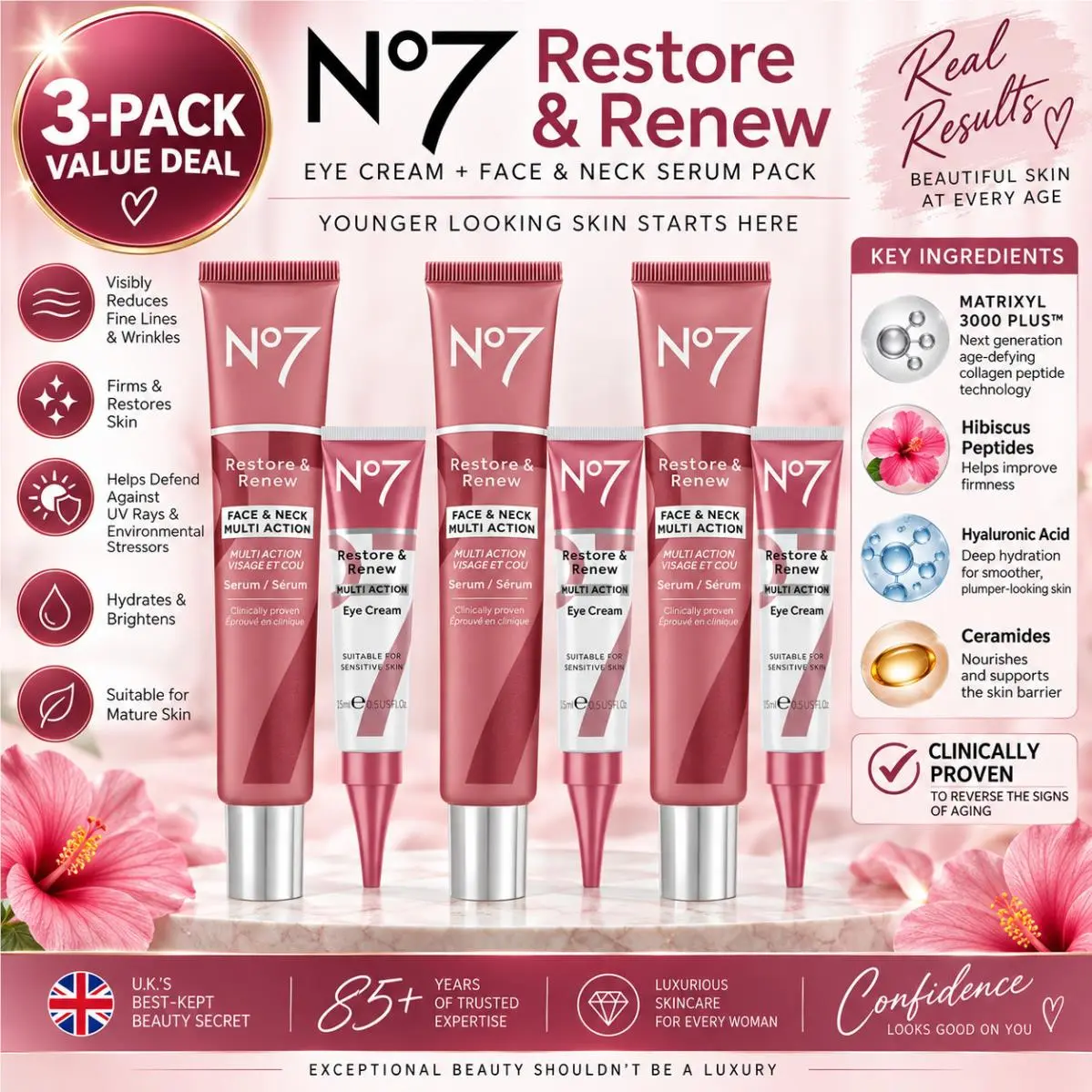 3-Pack Bundle No7 Restore Renew Multi Action Face Neck Serum Eye Cream