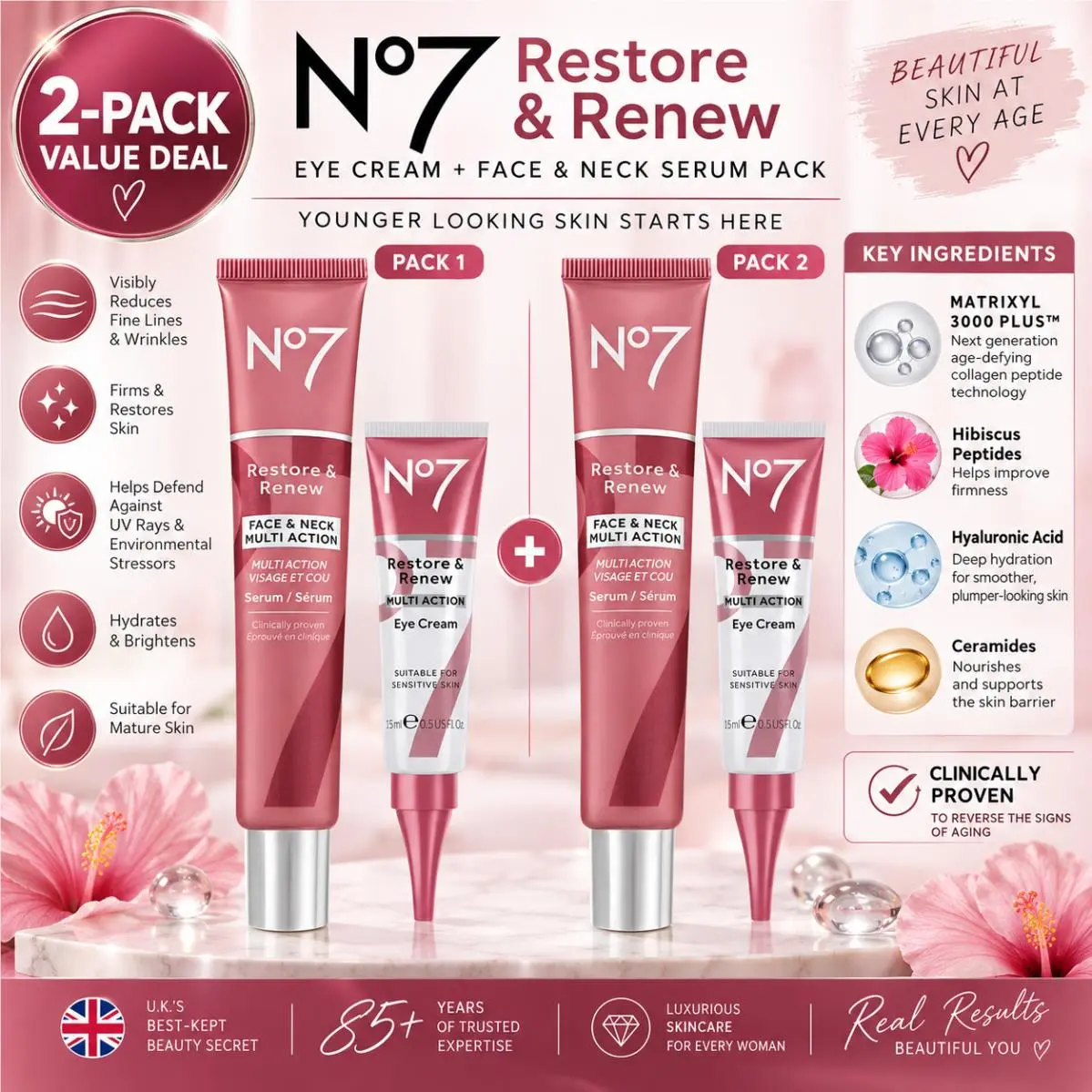 2-Pack No7 Restore Renew Face Neck Serum + Eye Cream Anti-aging Set