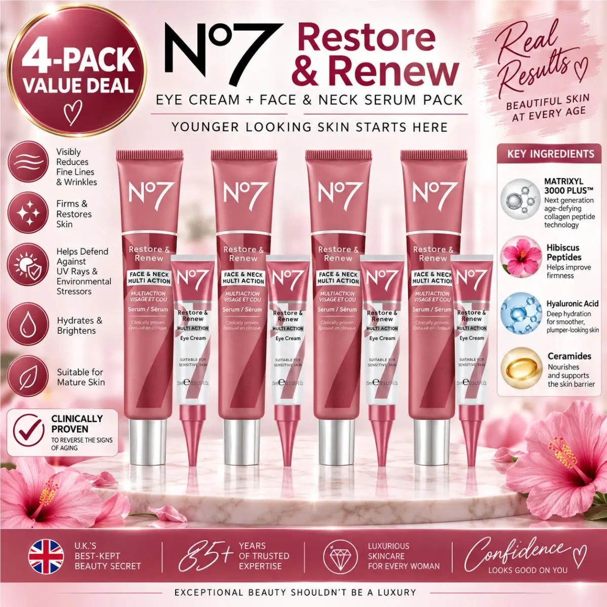 4-Pack No7 Face Neck Serum 1.69oz + Eye Cream 0.5oz Restore Renew Anti-aging