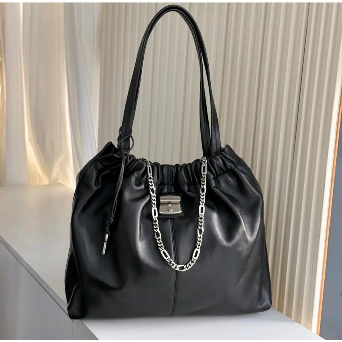 The Cristina Chain-embellished Drawstring Leather Tote Black OS by Marc Jacobs