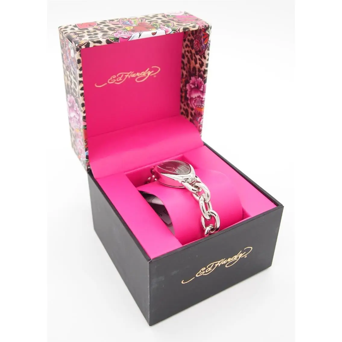 Women`s Oval Silver Tone Metal Chunky Chain Bracelet Watch by Ed Hardy