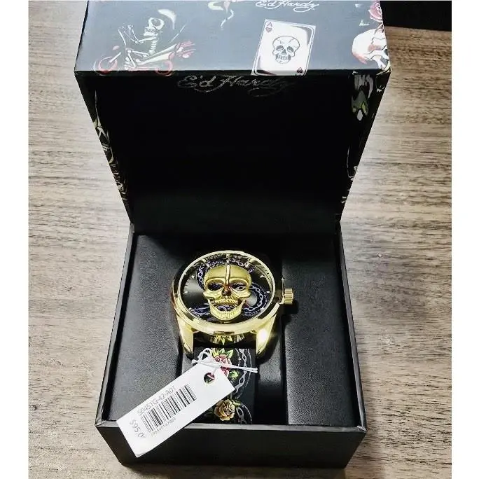 Ed Hardy Men’s Golden Skullface Watch Black Sneak Floral Strap