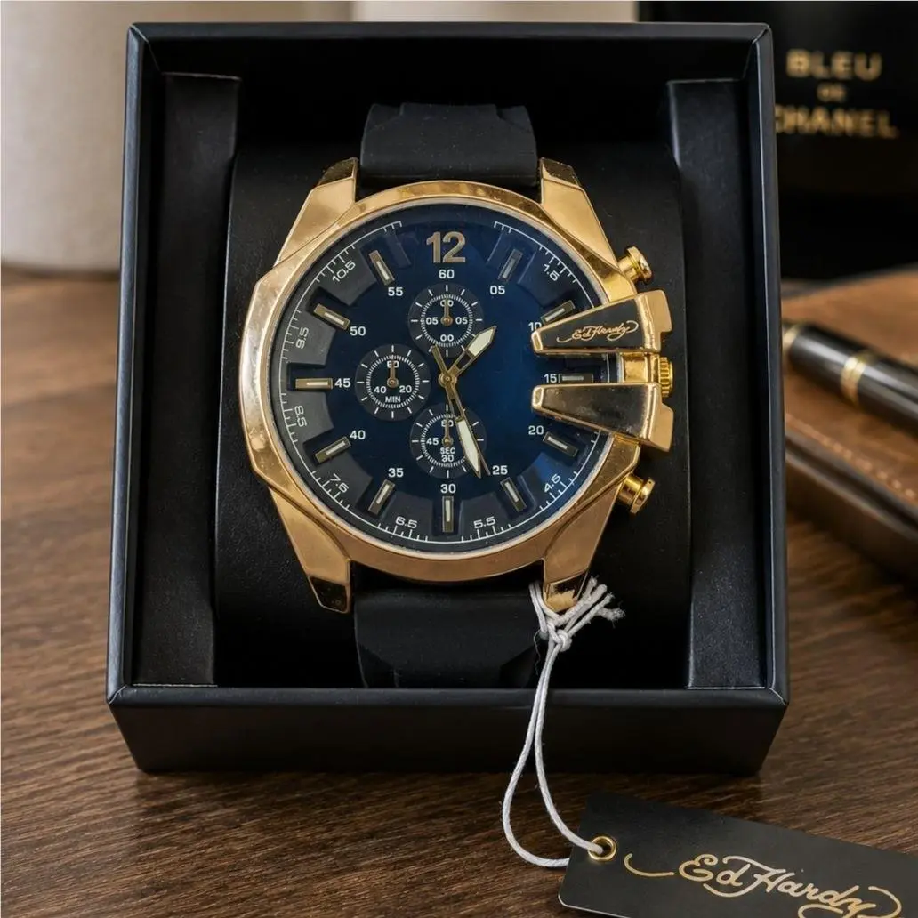 Mens Gold-tone Chronograph Watch w Black Silicone Strap Box by Ed Hardy