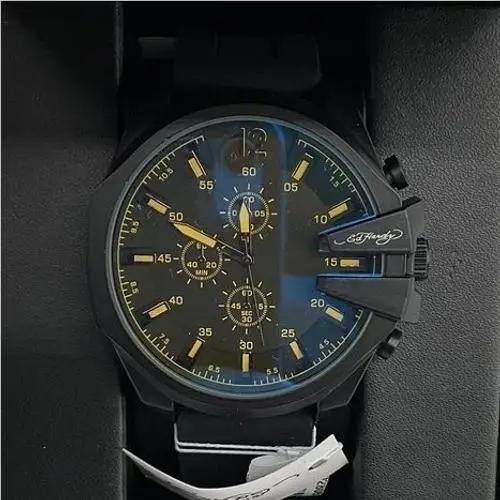 Mens Chronograph Watch Matte Black Oversized Yellow Dial by Ed Hardy