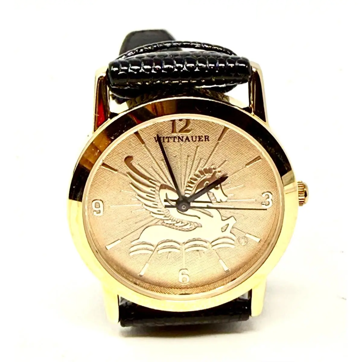 Vintage  Pegasus Mens Watch 31mm Gold Toned Black Leather Quartz Nos by Wittnauer