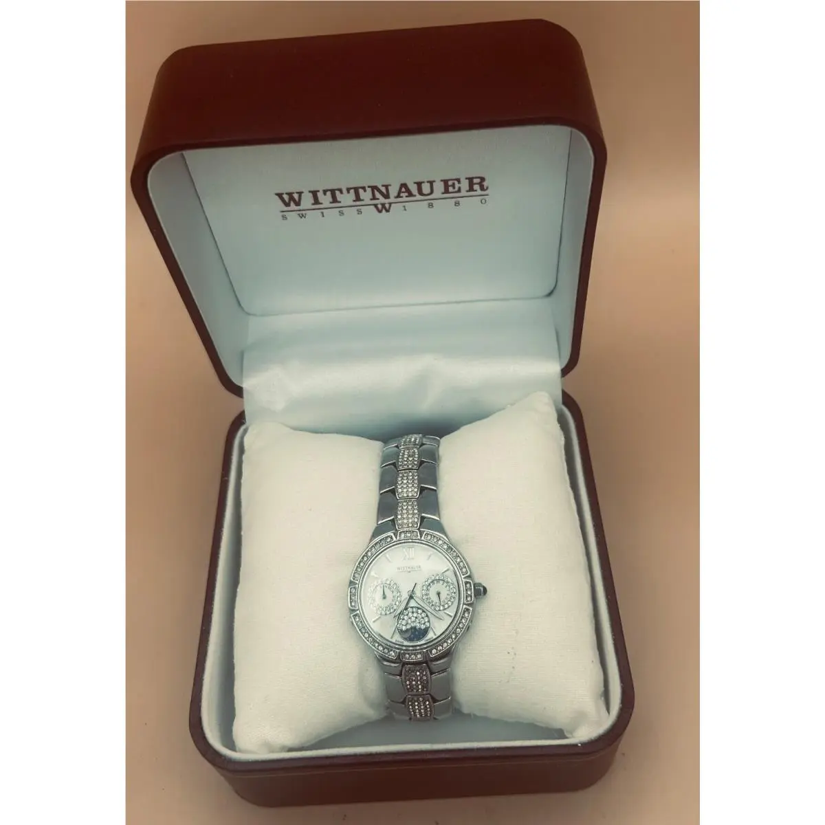 Orpheum Diamond Bezel Bracelet Mother of Pearl Moonphase Swiss Quartz by Wittnauer