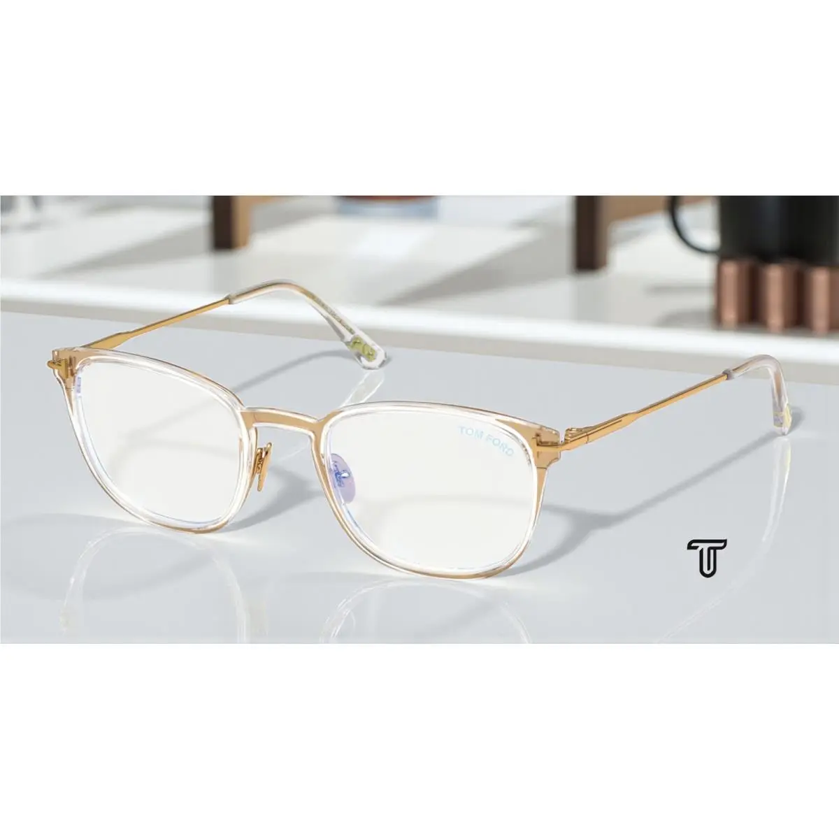 Tom Ford FT5694 030 Shiny Deep Gold Titanium Blue Filter 52 mm Men`s Eyeglasses