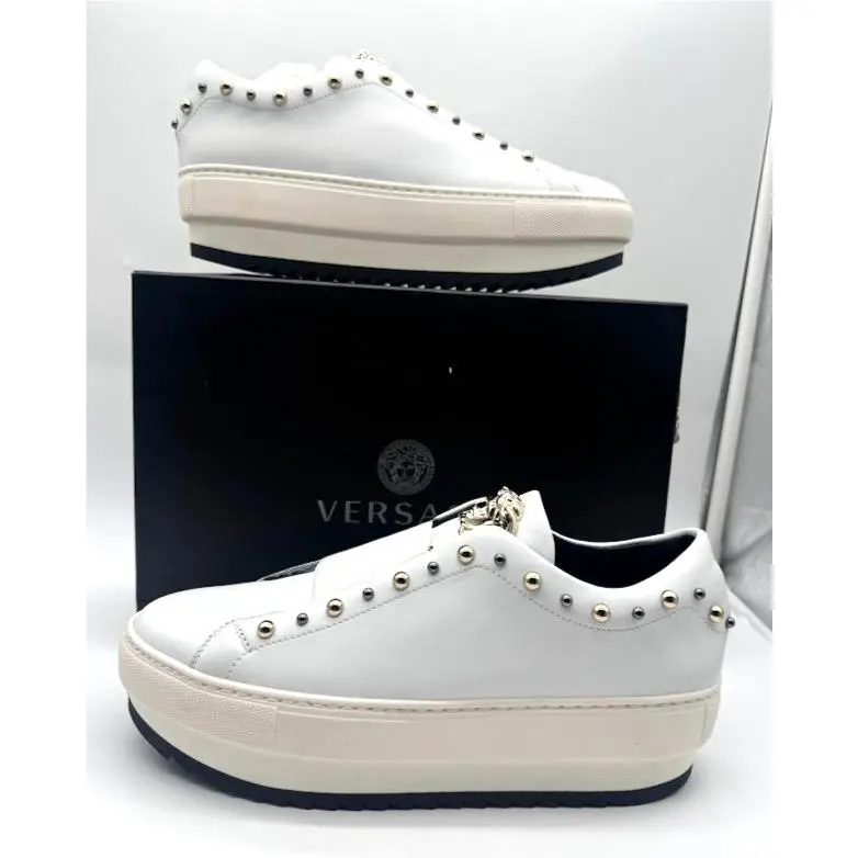 Versace Womens Medusa Studded Slip On Sneakers White Leather EU 40 US 9