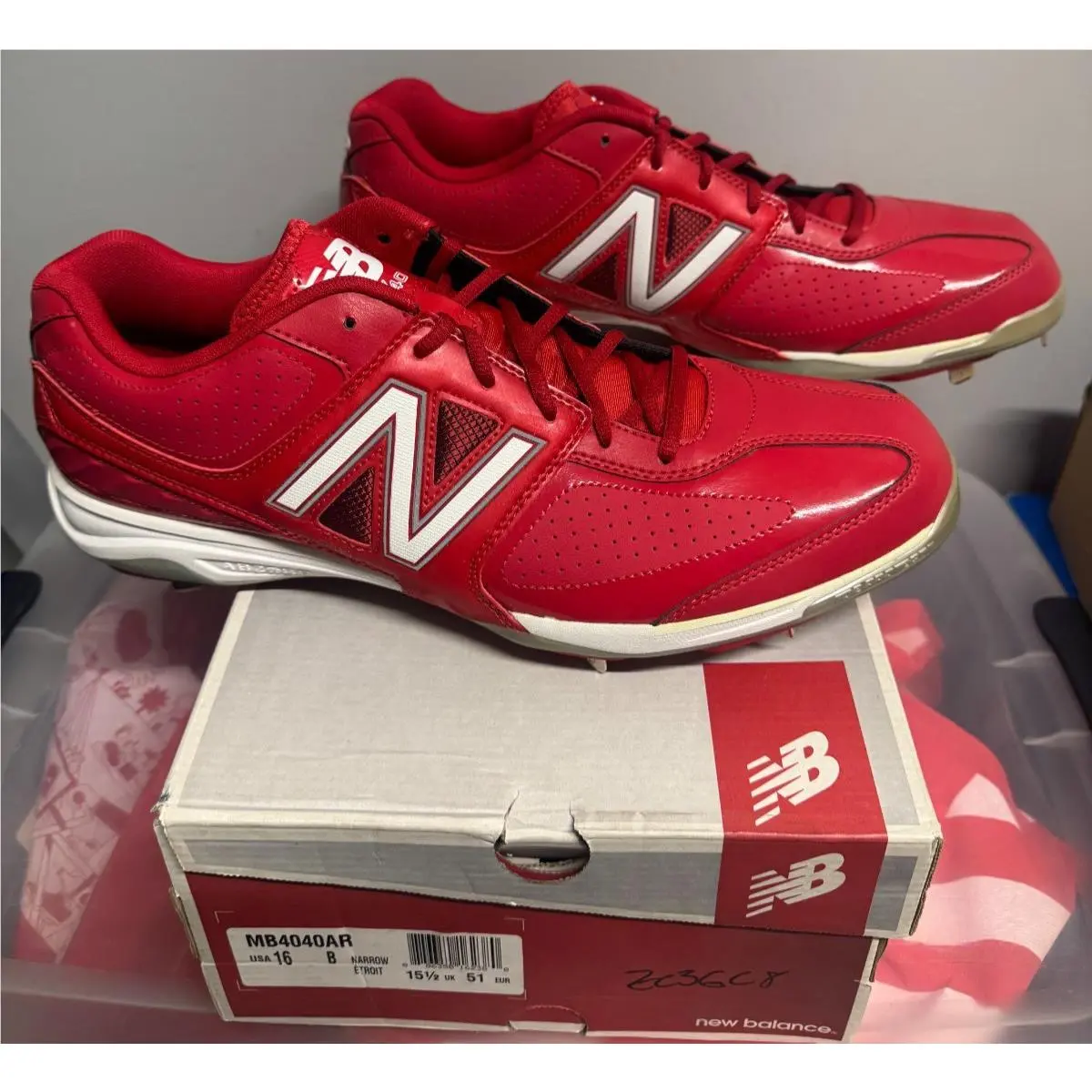 MB4040AR Red White Baseball Cleats Sneaker Shoes Size 16 by New Balance