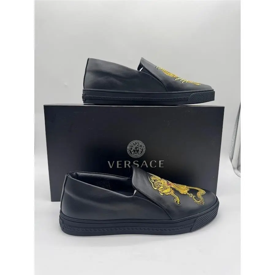 Versace Mens Black Leather Gold Dragon Embroidered Slip On Sneakers Size 39.5