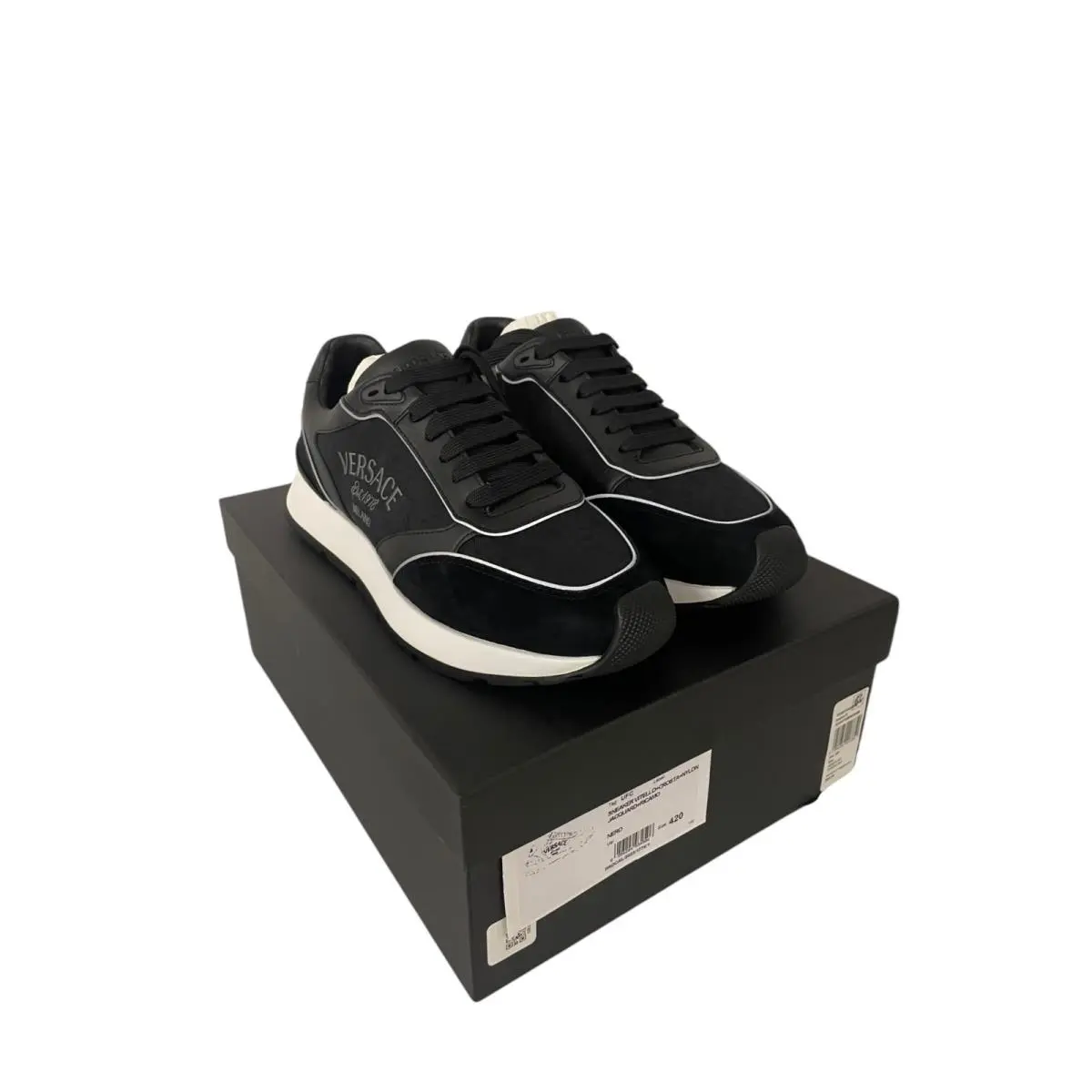Versace Milano Sneakers Men 42 Black Leather Suede Jacquard Lace Up Ricamo