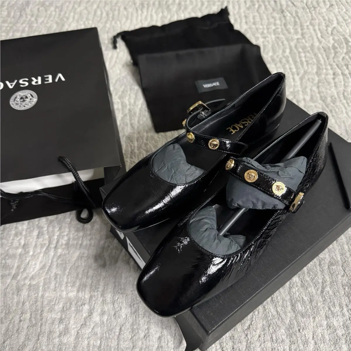 Versace Women Ballerina Naplak Black Medusa Wrap Around Strap Box Size 38 8