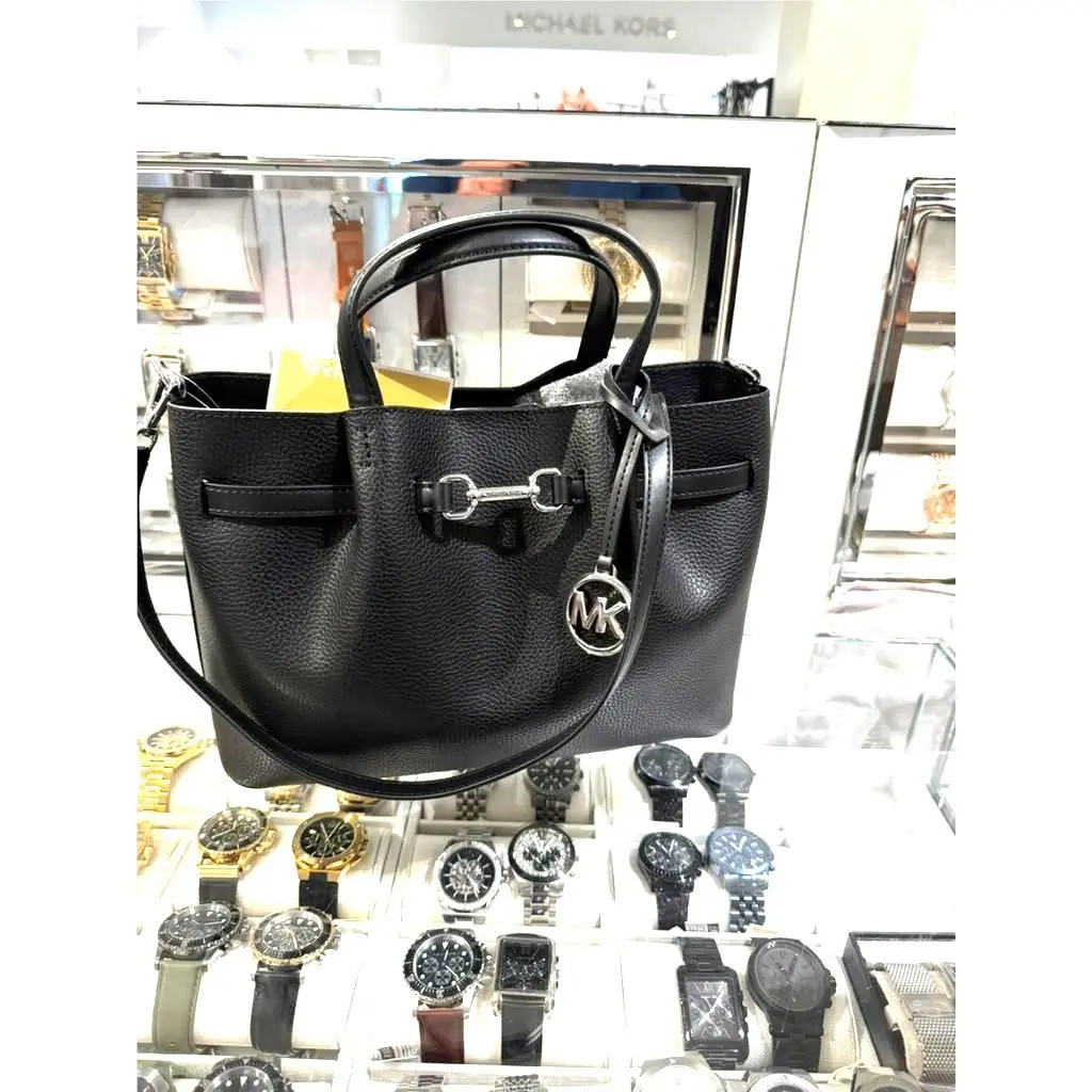 Carson Womens Medium MK Pebbled Leather Satchel Crossbody Bag Black by Michael Kors