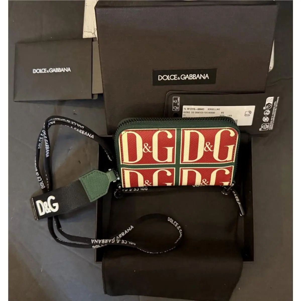 Dolce Gabbana DG Logo Zip Around Leather Card Holder Lanyard Wallet