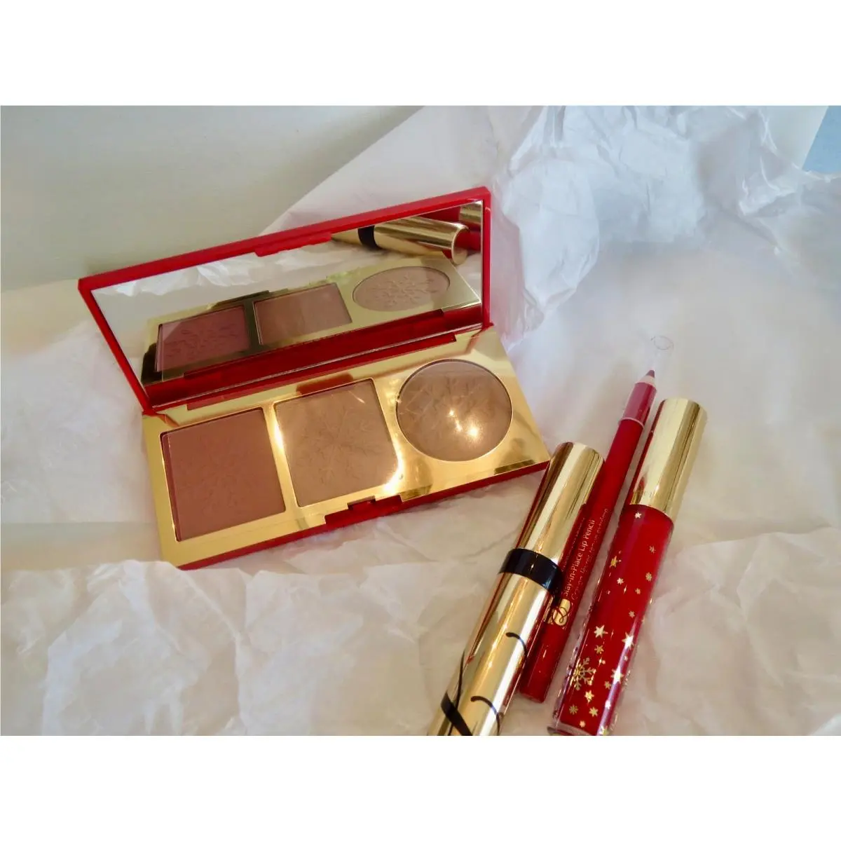 Estee Lauder Gift Set Cheek Palette Black Mascara Lip Gloss Red Lip Pencil